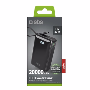 Внешний аккумулятор SBS 20000 mAh 20W со встроенным кабелем USB-C и цифровым дисплеем - чёрный