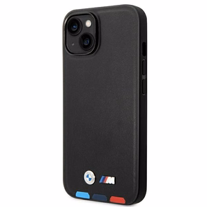 BMW BMHCP14M22PTDK iPhone 14 Plus 6.7 - melns ādas vāciņš ar trīskrāsainu uzliku MagSafe