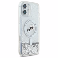 Karl Lagerfeld Liquid Glitter Karl & Choupette Head Magnētiskais iPhone 16 Plus viedtālruņa apvalks - caurspīdīgs