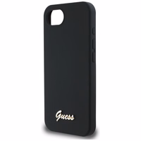 Guess Silicone Script Metal Logo MagSafe viedtālruņa apvalks iPhone 16e - melna