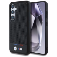 BMW ādas MagSafe viedtālruņa apvalks ar trīskrāsu svītru Samsung Galaxy S25 – melns