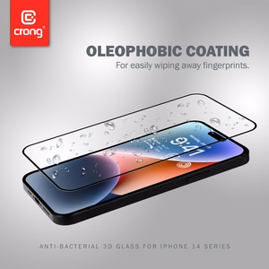 Crong Anti-Bacterial 3D Armor Glass 9H visu ekrānu pārklājošs rūdīta stikla aizsargs iPhone 14 Pro ar uzstādīšanas rāmi