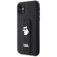 Karl Lagerfeld Gripstand Saffiano Choupette Pins viedtālruņa apvalks iPhone 11 / Xr - melns