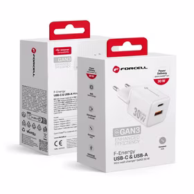 FORCELL F-ENERGY Mini GaN III VT-35 ceļojumu lādētājs ar 1 x Type C + 1x USB A ligzdām, PD QC4.0 30W balts