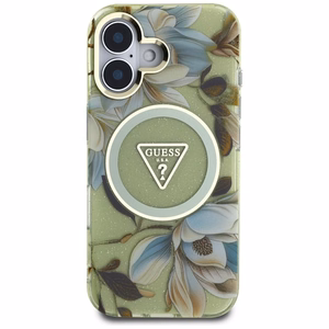 Guess Glitter Flowers Triangle Buttons Magnētiskais viedtālruņa apvalks iPhone 16 - zaļš