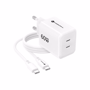 Tālruņa lādētājs Forcell F-Energy GaN III Crystal Color, 2x USB C, AVS, SSFC3.0, 60W + silikona kabelis USB C uz USB C VT-60, balts