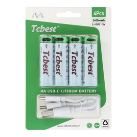 TCBEST uzlādējams akumulators R6 (AA) 1600 mAh ar ligzdu Type C + kabelis USB A uz 4 x Type C 4 gab.