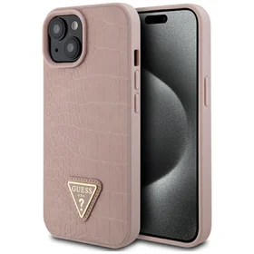 Guess GUHCP15SPCRTHCP iPhone 15 6.1" rozā/rozā cietais apvalks Croco Triangle Metal Logo