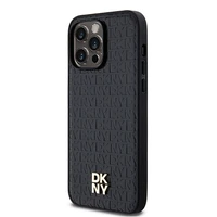DKNY Ādas raksts metāla logotips MagSafe apvalks viedtālrunim iPhone 13 Pro Max - melns