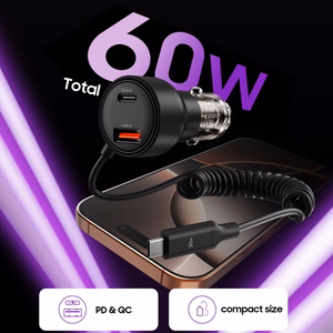 CC05 Automašīnas lādētājs 2 porti PD60 W + USB-C kabelis - melns