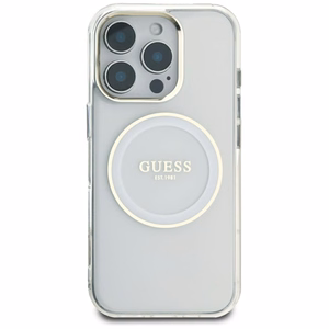 Guess IML Metal Colored Circle Classic Logo Magnētiskais viedtālruņa apvalks iPhone 16 Pro Max - balts