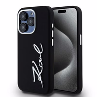Karl Lagerfeld Silikona Metal Script Logo viedtālruņa apvalks iPhone 15 Pro - melns