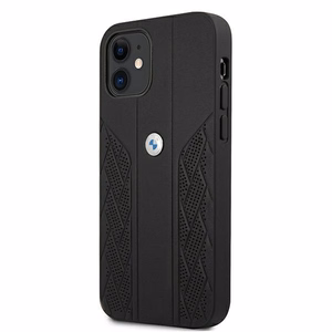 BMW Ādas izliekts perforēts viedtālruņa apvalks iPhone 12 mini - melns