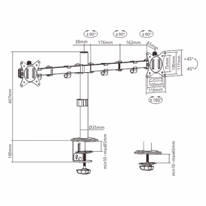 Galda stiprinājums diviem 17"–32" monitoriem
