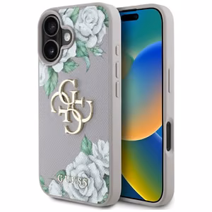 Guess Grained Roses Big 4G Logo viedtālruņa apvalks iPhone 16 - violets