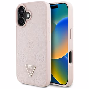 Guess Grained Hot Stamp Peony trīsstūra logotipa magnētiskais viedtālruņa apvalks iPhone 16 - rozā