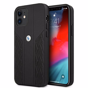 BMW Ādas izliekts perforēts viedtālruņa apvalks iPhone 12 mini - melns
