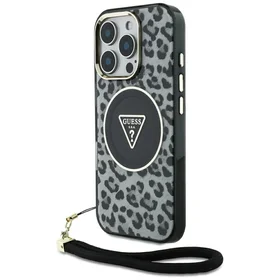 Guess HC IML leoparda trīsstūra auklas siksna MagSafe apvalks iPhone 16 Pro - melns