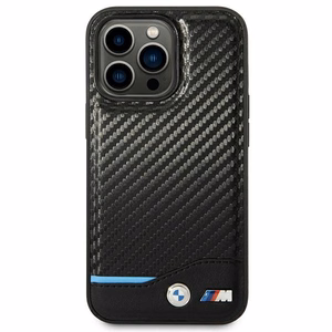 BMW BMHCP14L22NBCK iPhone 14 Pro 6.1 - melns ādas vāciņš ar oglekļa rakstu