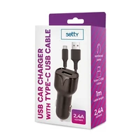 Setty auto lādētājs 1x USB 2,4A melns + USB-C kabelis 1,0 m