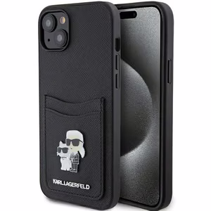 Karl Lagerfeld Saffiano Cardslots Karl&Choupette Metal Pin Viedtālruņa apvalks iPhone 15 - melns