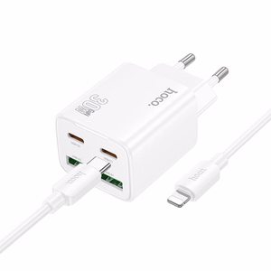 Lādētājs viedtālrunim Hoco 2 x USB C + 2 x USB A QC3.0 PD 3A 30W + kabelis USB C uz Lightning N56 balts