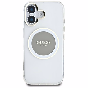 Guess IML Metal Colored Circle Classic Logo Magnētiskais viedtālruņa apvalks iPhone 16 - pelēks