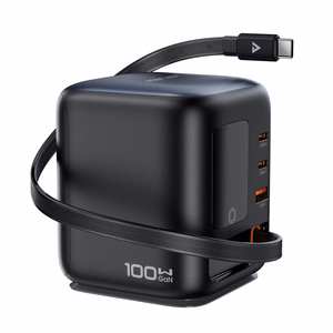 Acefast Z10 GaN 100 W 3 × USB galda lādētājs ar izvelkamu USB-C kabeli un TFT displeju, melns