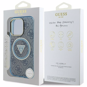 Guess IML Metal Glitter 4G Circle Triangle magnētiskais viedtālruņa apvalks iPhone 16 Pro Max - zils