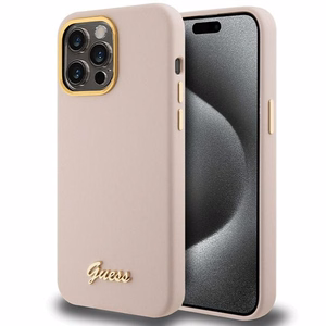 Guess Silicone Script Metal Logo & Frame viedtālruņa apvalks iPhone 15 Pro - rozā