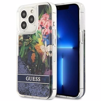 Guess GUHCP13LLFLSB iPhone 13 Pro / 13 6.1" zils cietais apvalks ziedu šķidrs spīdums