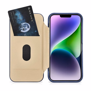 iCarer CE Premium ādas folio viedtālruņa apvalks iPhone 14 Plus magnētiskais atveramais ādas folio apvalks MagSafe zila