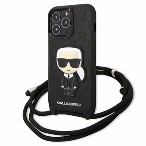 Karl Lagerfeld ādas monogrammas plāksteris un aukla Iconik apvalks iPhone 13 Pro / 13 - melna