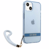 Guess GUHCP13MHTSGSB iPhone 13 6.1 viedtālruņa apvalks, zils, ciets, daļēji caurspīdīgs ar siksniņu