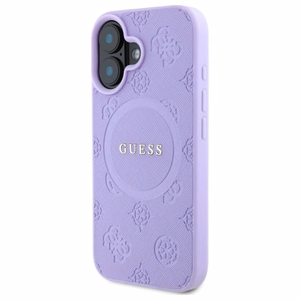 Guess Saffiano Peony Classic Logo Magnētiskais viedtālruņa apvalks iPhone 16 Plus - violets