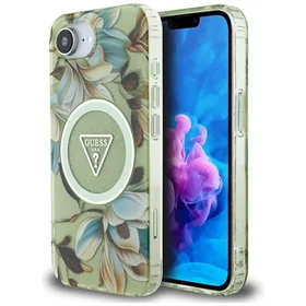 Guess IML Metal Glitter Flowers Triangle magnētiskais viedtālruņa apvalks iPhone 16e - zaļš