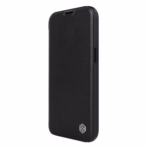Nillkin Qin ādas apvalks iPhone 14 Plus ar kameras vāciņu un maciņu melns
