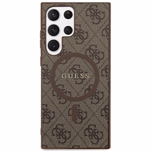 Guess 4G Collection Leather Metal Logo MagSafe чехол для Samsung Galaxy S24 Ultra - коричневый