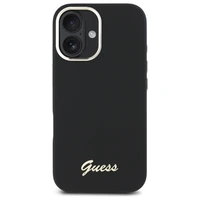 Guess silikona Script Metal logo & rāmja futrālis iPhone 16 - Melns