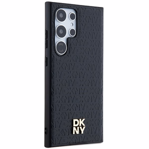 DKNY Ādas raksta metāla logotips Magnētiskais viedtālruņa apvalks Samsung Galaxy S24 Ultra - melns