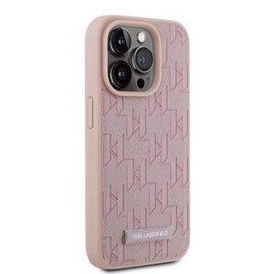 Karl Lagerfeld ādas monogrammas metāla logotips viedtālruņa apvalks iPhone 15 Pro Max - rozā
