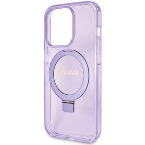 Guess viedtālruņa apvalks ar statīvu Ring Stand Script Glitter magnētiskais iPhone 15 Pro - violets