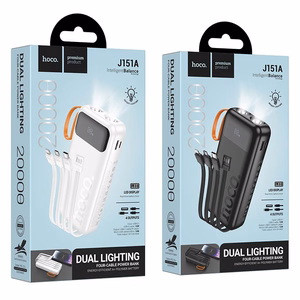 Portatīvais lādētājs Hoco 20000 mAh 2A ar iebūvētiem kabeļiem USB A + USB C + Lightning + Micro USB un dubultu gaismu J151A melns