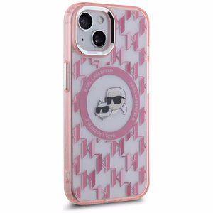 Karl Lagerfeld IML Monogramma Karl & Choupette Head Magnētiskais iPhone 15 Plus viedtālruņa apvalks - rozā
