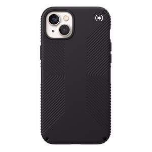 Speck Presidio2 Grip vāciņš ierīcei iPhone 15 Plus / 14 Plus, ar neslīdošu satvērienu, “Black / Black / White” krāsu kombinācija