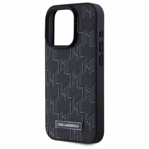 Karl Lagerfeld Ādas monogramma Metāla logotips Magnētiskais viedtālruņa apvalks iPhone 15 Pro - melns