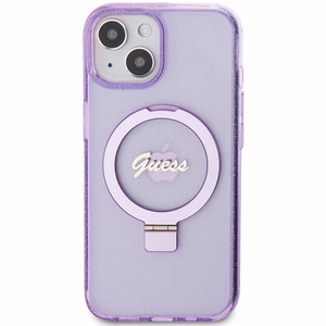 Guess viedtālruņa apvalks ar statīvu Ring Stand Script Glitter magnētiskais iPhone 15 Plus / 14 Plus - violets