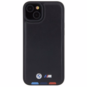 BMW BMHCP15M22PTDK viedtālruņa apvalks iPhone 15 Plus 6.7" melns/melns ādas ar trīskrāsu emblēmu