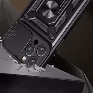 Hybrid Armor Camshield viedtālruņa apvalks iPhone 16 Pro ar kameras vāciņu un statīvu - melns