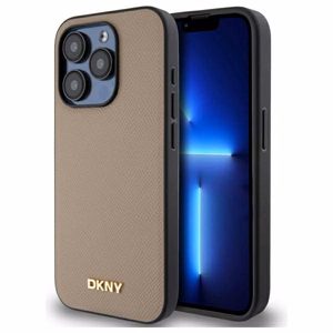 DKNY Grained Metal Logo Magnētiskais iPhone 15 Pro viedtālruņa apvalks - bēšs